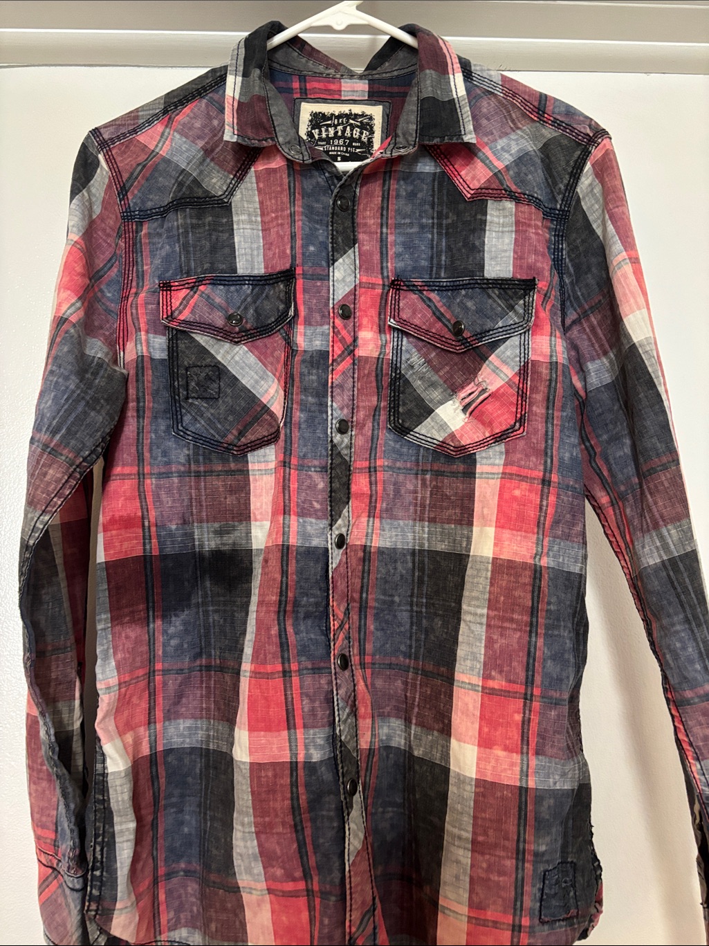 Vintage 1967 Red Blue  Black Plaid Casual ButtonDown Shirt